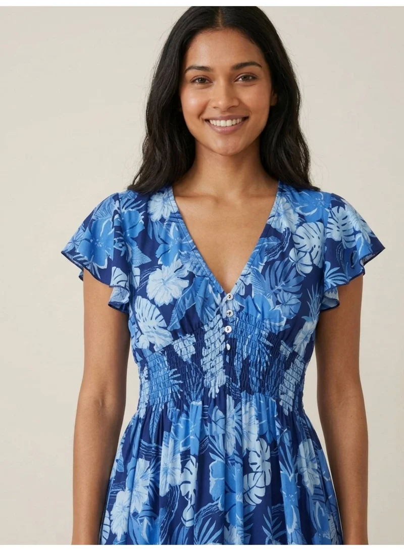 Victor And Jane  Blue Floral V-Neck Dress with Flutter Sleeves for Women | Best Price UAE