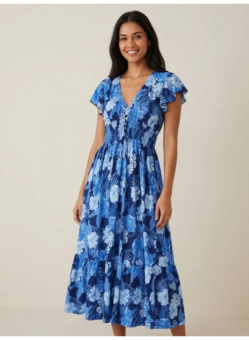 Victor And Jane  Blue Floral V-Neck Dress with Flutter Sleeves for Women | Best Price UAE