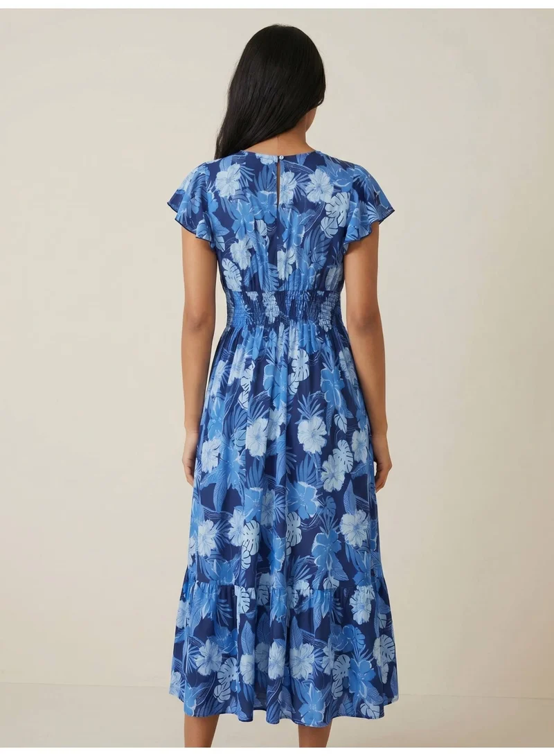 Victor And Jane  Blue Floral V-Neck Dress with Flutter Sleeves for Women | Best Price UAE