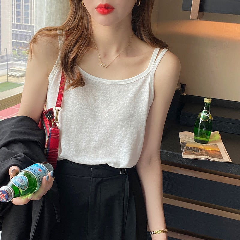 Cotton And Linen Sling Women'S Inner Wear Summer Black And White Base Vest Ice Silk Loose Outer Wear Thin Top - Image 2