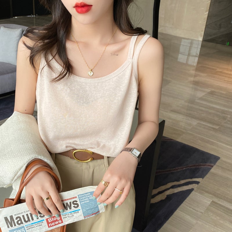 Cotton And Linen Sling Women'S Inner Wear Summer Black And White Base Vest Ice Silk Loose Outer Wear Thin Top - Image 5