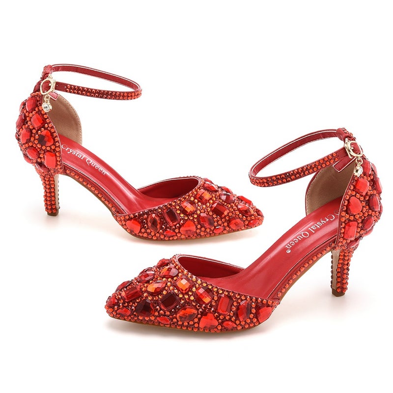 7Cm Large Size Sandals Stiletto Heel Pointed Rhinestone High Heel Sandals Golden Rhinestone High Heels Wedding Shoes - Image 1
