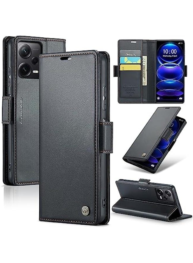 Xiaomi Redmi Note 12 Pro+ Plus Leather Flip Case - Slim RFID Blocking Wallet Cover with Kickstand, Cash Slot, Magnetic Closure (Black) - Image 1