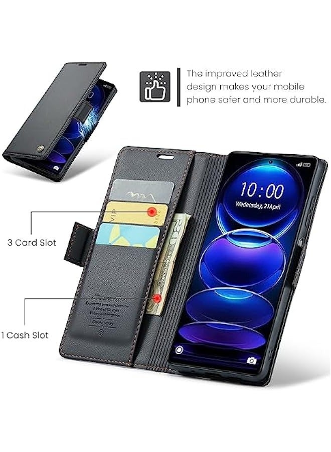 Xiaomi Redmi Note 12 Pro+ Plus Leather Flip Case - Slim RFID Blocking Wallet Cover with Kickstand, Cash Slot, Magnetic Closure (Black) - Image 3