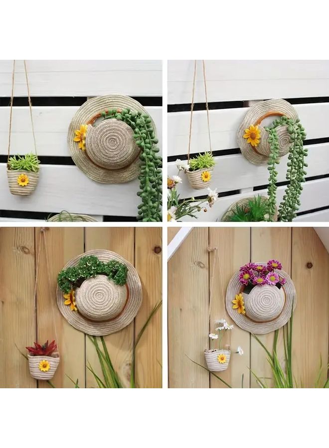 Boho Straw Hat Shaped Resin Hanging Planter Wall Mounted Outdoor Succulent Cactus Pot With Drainage Holes Beige Brown Bohemian Garden Decor French Inspired Irregular Planter for Balcony Housewarming Gift Model B - Image 4