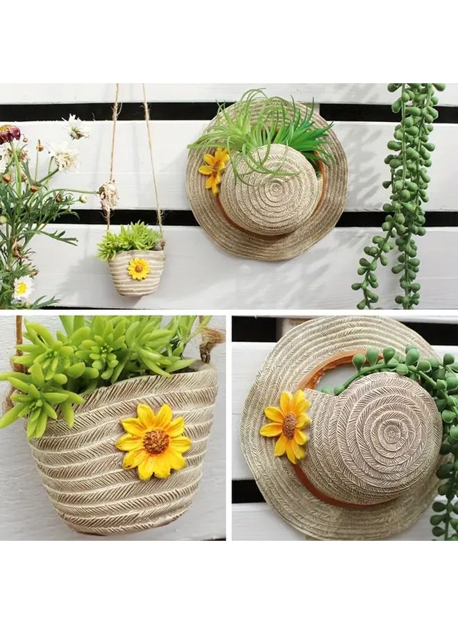Boho Straw Hat Shaped Resin Hanging Planter Wall Mounted Outdoor Succulent Cactus Pot With Drainage Holes Beige Brown Bohemian Garden Decor French Inspired Irregular Planter for Balcony Housewarming Gift Model B - Image 2