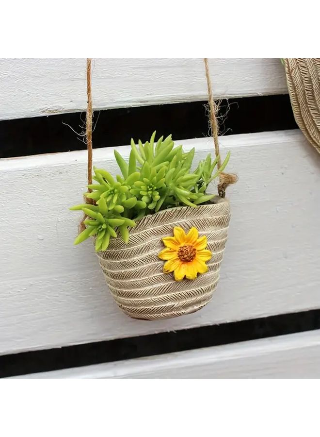 Boho Straw Hat Shaped Resin Hanging Planter Wall Mounted Outdoor Succulent Cactus Pot With Drainage Holes Beige Brown Bohemian Garden Decor French Inspired Irregular Planter for Balcony Housewarming Gift Model B - Image 5