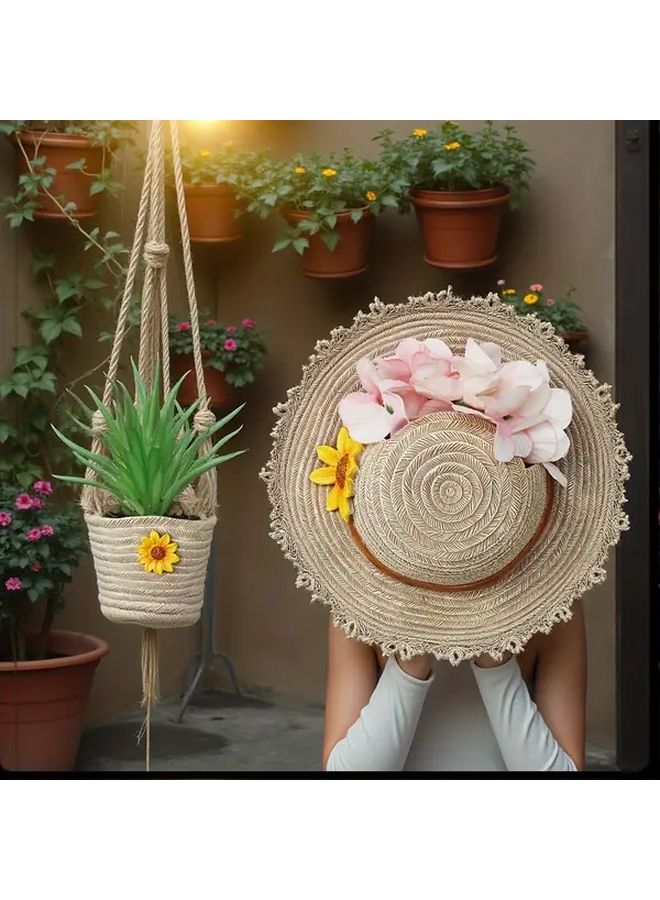 Boho Straw Hat Shaped Resin Hanging Planter Wall Mounted Outdoor Succulent Cactus Pot With Drainage Holes Beige Brown Bohemian Garden Decor French Inspired Irregular Planter for Balcony Housewarming Gift Model B - Image 1