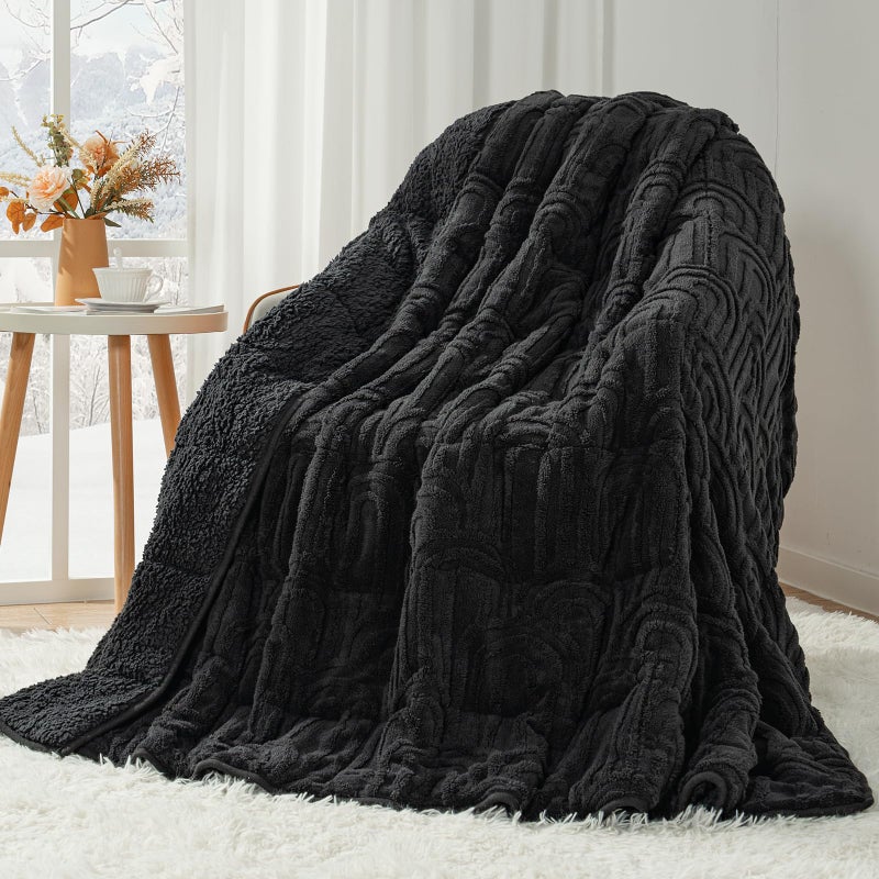 Cottonblue Jacquard Weighted Blanket for Adults 15 lbs Queen Size, Cozy Fluffy Sherpa Fleece Weighted Throw Blankets 60" x 80" for Sleep Relax, Fuzzy Warm Arch Heavy Blanket Soft for Bed Couch, Black - Image 1