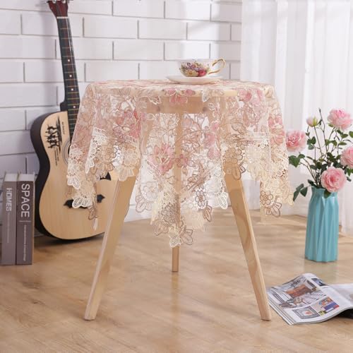 Qubjus Lace Floral Tablecloth Vintage Round Tablecloth Decorative Exquisite Border Table Cover for Party Wedding Home Decorations, Round-48, Pink - Image 5