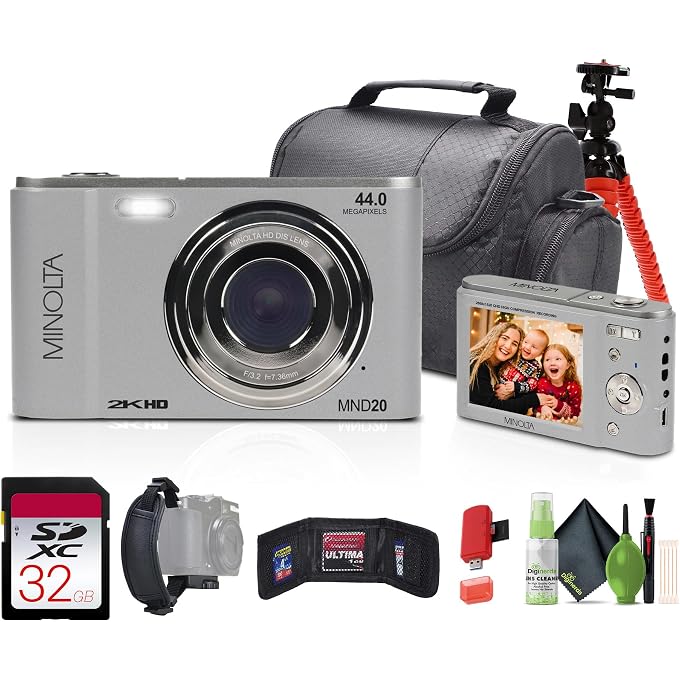 Minolta MND20 44 MP / 2.7K Quad HD Digital Camera (Silver) + 32GB Memory Card + 12 inch Flexible Tripod + Memory Card Wallet + USB Card Reader, SD/microSD + More - Image 1