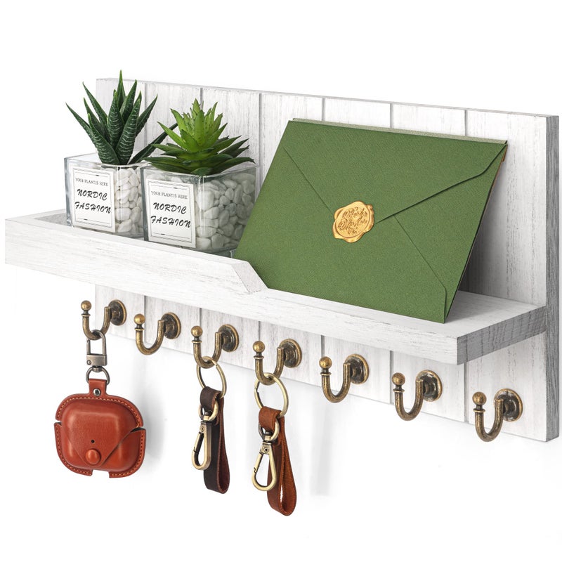 Rebee Vision Decorative Key and Mail Holder for Wall  Farmhouse 15 Inches Floating Shelf with 7 Sturdy Key Hooks for Home Entryway Wall Decor  Rustic Key Racks White