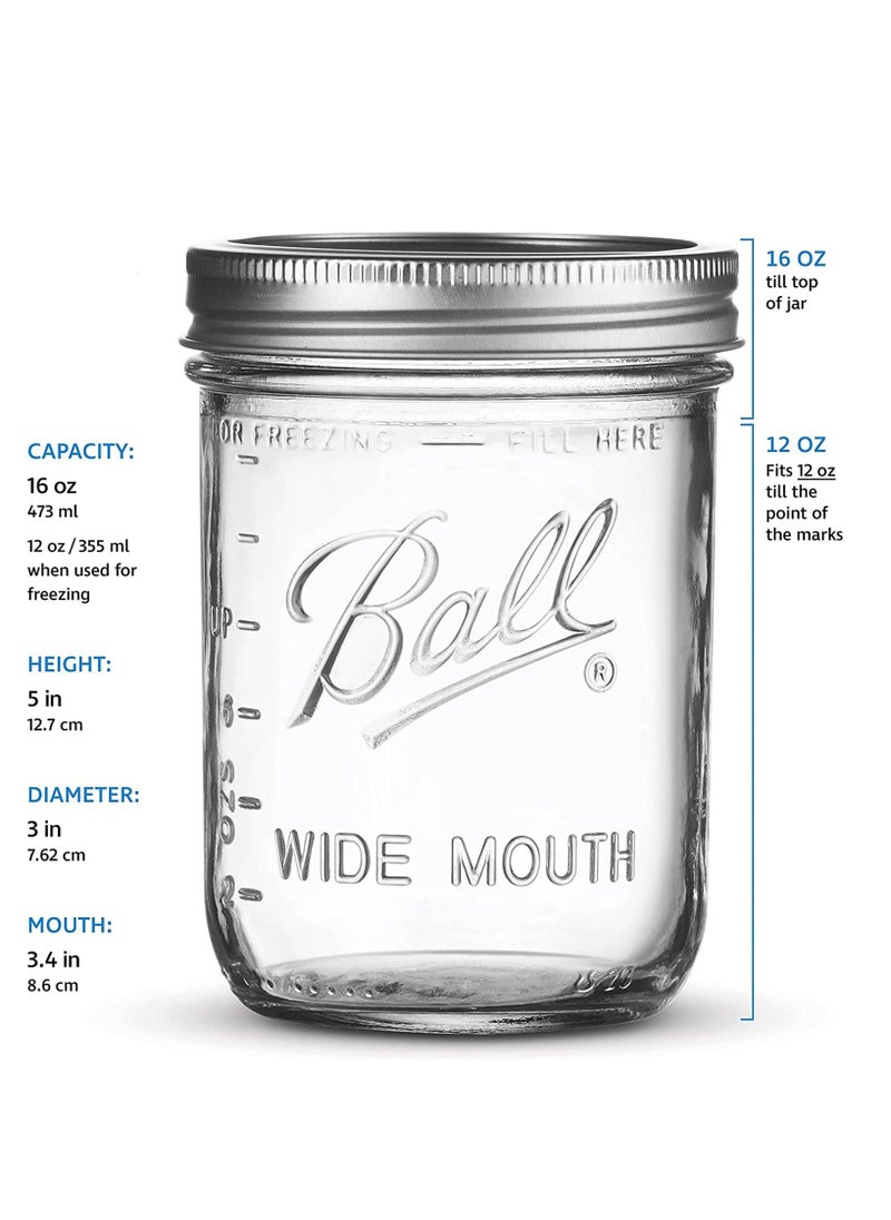 Ball - Ma Son Jars with Lids and Bands, Regular Mouth Ma Son Jars, Jars Ideal for Jams, Jellies, Conserves, Preserves, And Pizza Sauce Ball Wide Mouth 16oz 6PCS - Image 1