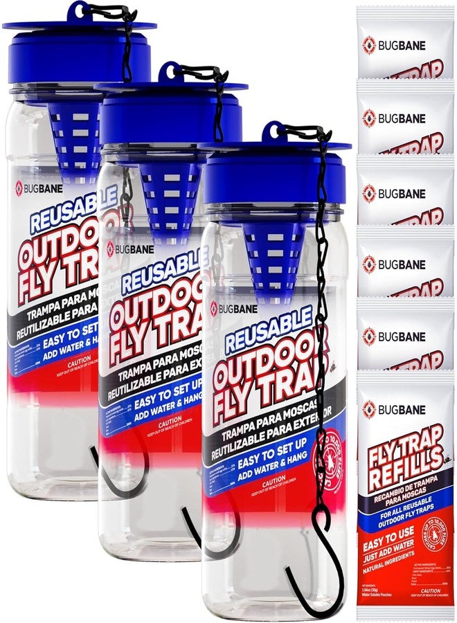BugBane 3 Reusable Fly Traps Outdoor With 6 Natural Magnet Bait Refill. Flies Trap Jar Catchers Bags Flytraps Stable - Image 1