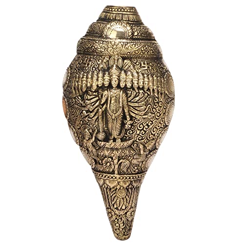 Kartique Brass Vishu Shankh | Conch | with Swastik | Kalash | Table Top | Wall Hanging | Height 10 Inch Antique Gold Color - Image 1