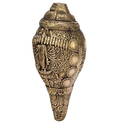 Kartique Brass Vishu Shankh | Conch | with Swastik | Kalash | Table Top | Wall Hanging | Height 10 Inch Antique Gold Color - Image 2