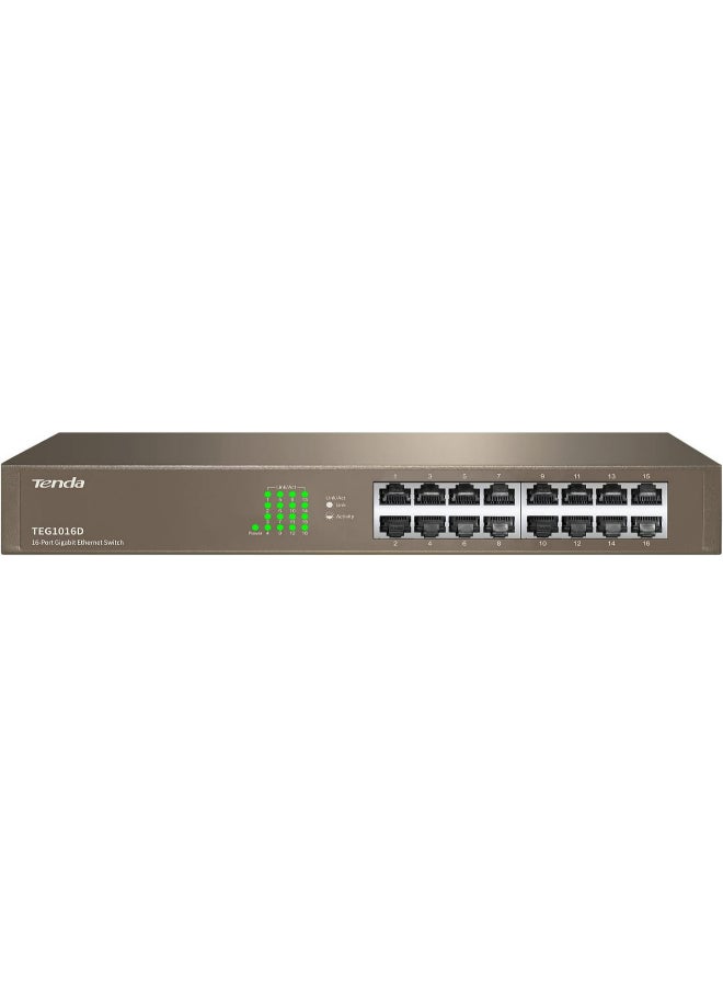 Tenda TEG1016D With 16-Port Gigabit Ethernet Switch, Unmanaged Desktop Ethernet Switch, Network Switch Hub, Fan-less Metal Design, Plug And Play, Traffic Optimization, Limited Lifetime Protection Brown - Image 1