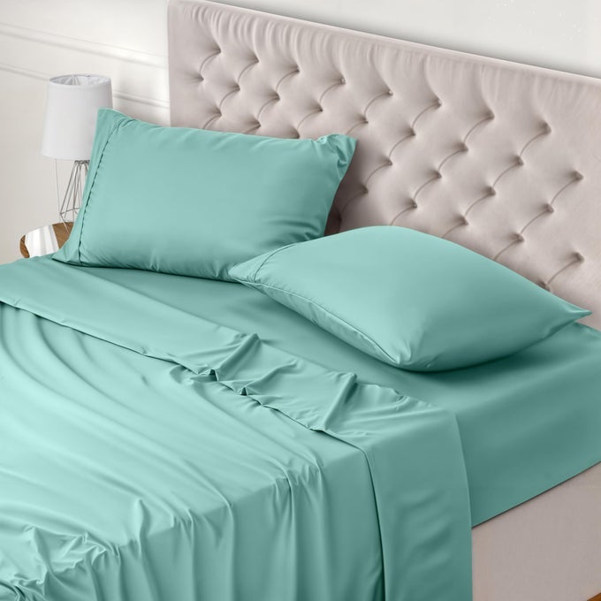 BED SHEET SET SUPER KING SPA BLUE 4 PIECE FITTED SHEET FLAT SHEET WITH 2 PILLOW CASES 50X75 WRINKLE SHRINKAGE AND FADE RESISTANT SOFT BRUSHED POLYESTER MICROFIBER FABRIC