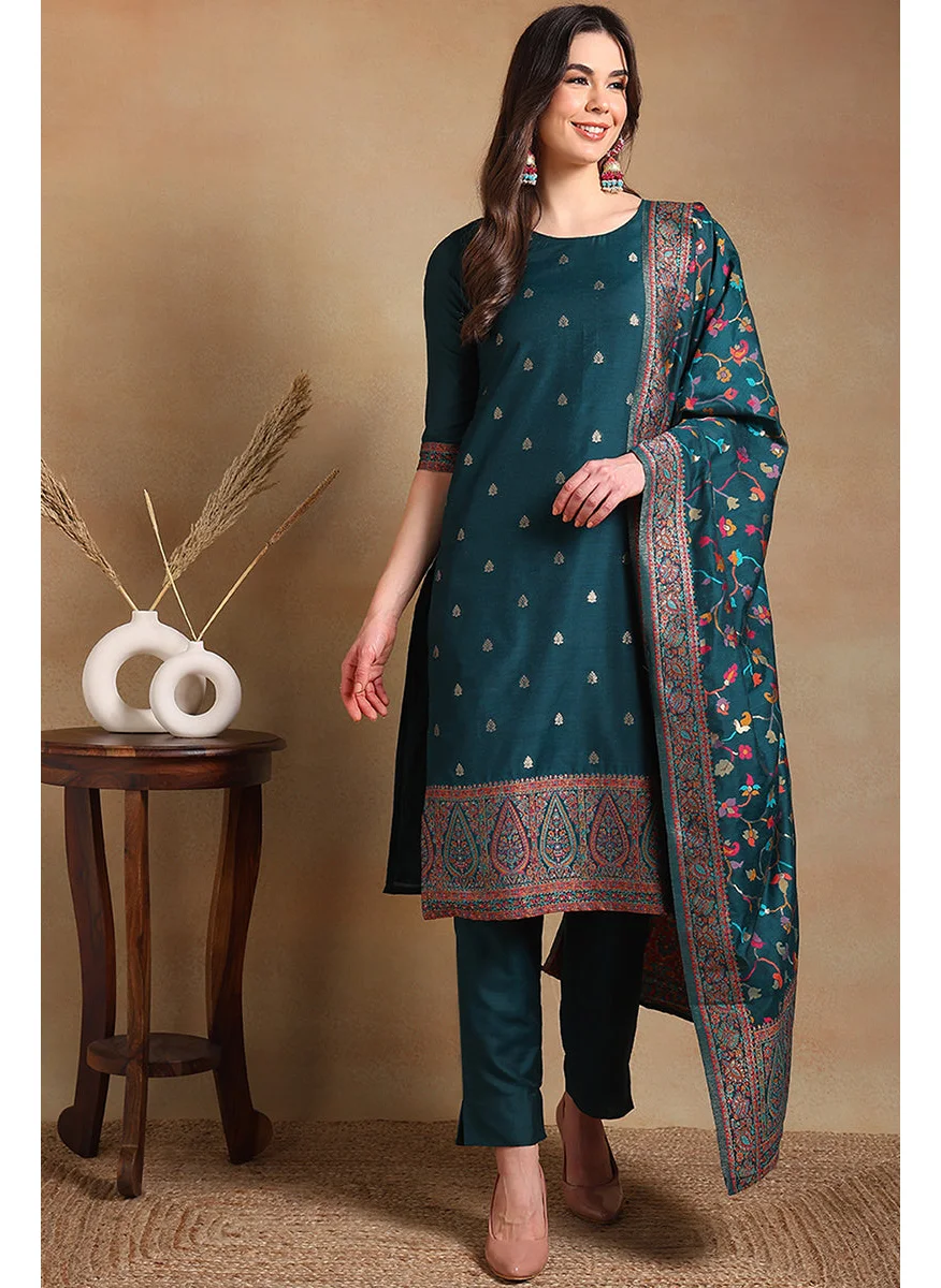 زيري سوق Teal Blue Poly Chanderi Woven Design Straight Suit Set