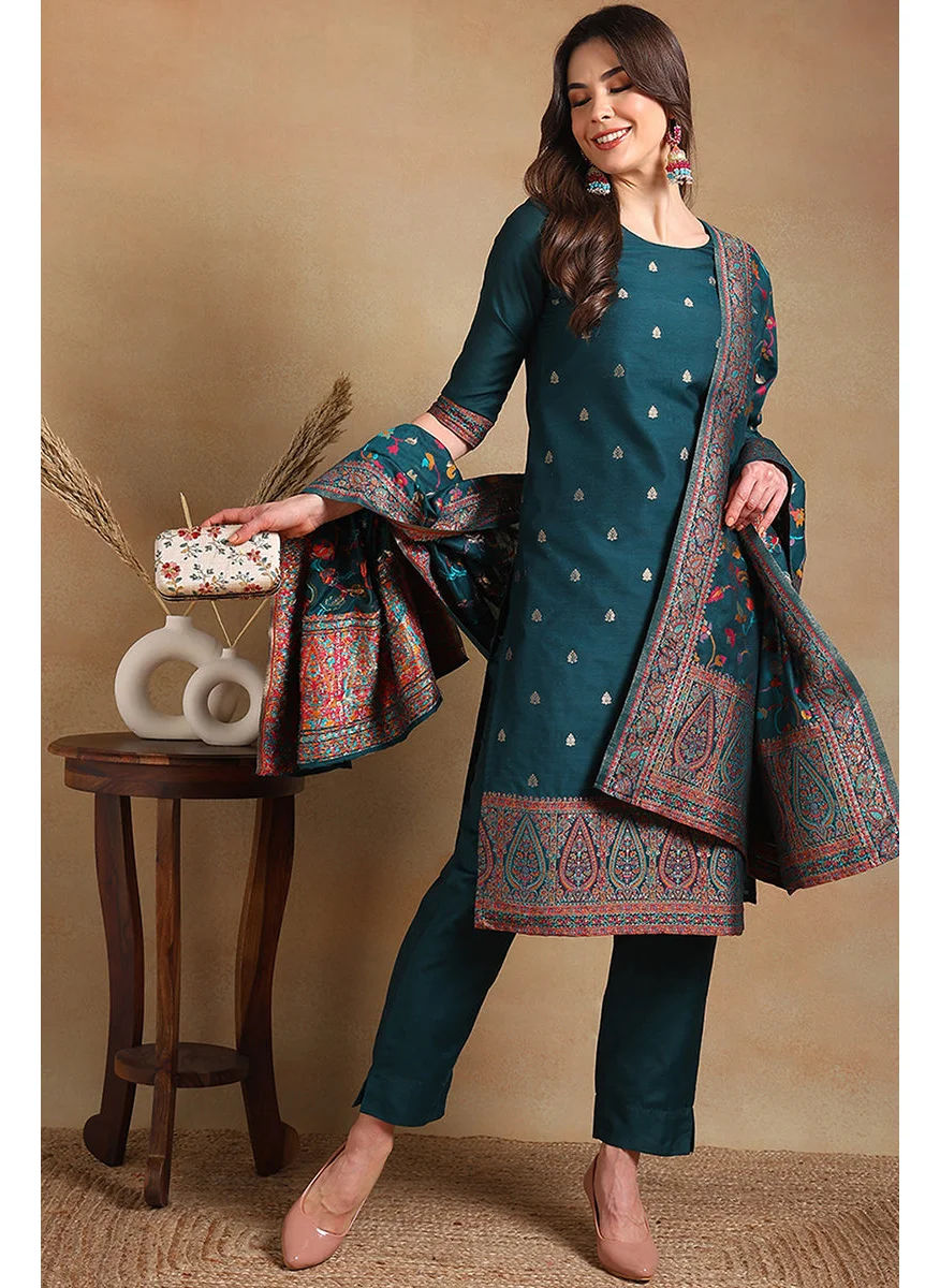 زيري سوق Teal Blue Poly Chanderi Woven Design Straight Suit Set
