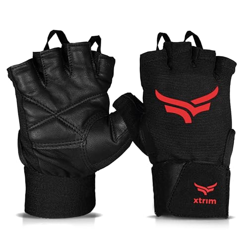XTRIM xMacho Leather Gym Gloves for Men & Women (XL, Fits 8.5-9.5 inches),with Wrist Support for Weightlifting, Hand Exercise Gloves with Half-Finger Length for Gym Workout (Red-Black) - Image 1