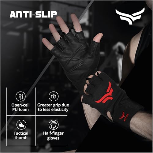 XTRIM xMacho Leather Gym Gloves for Men & Women (XL, Fits 8.5-9.5 inches),with Wrist Support for Weightlifting, Hand Exercise Gloves with Half-Finger Length for Gym Workout (Red-Black) - Image 3