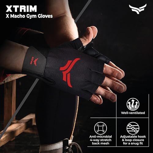 XTRIM xMacho Leather Gym Gloves for Men & Women (XL, Fits 8.5-9.5 inches),with Wrist Support for Weightlifting, Hand Exercise Gloves with Half-Finger Length for Gym Workout (Red-Black) - Image 2