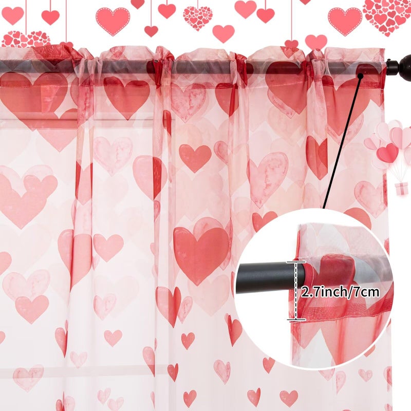 youleyar Valentine's Day Sheer Curtains 84 Inches Long, 2 Panels Lovers Red Heart Printed Pattern Curtain, Rod Pocket Drapes for Bedroom and Home Decor, 52" W x 84" L - Image 3