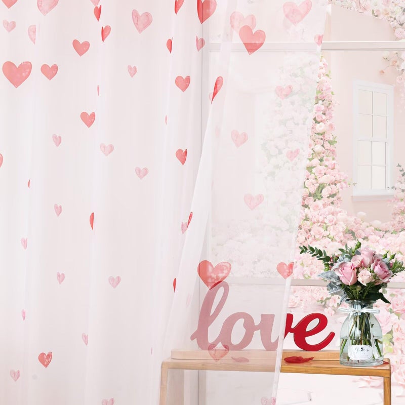 youleyar Valentine's Day Sheer Curtains 84 Inches Long, 2 Panels Lovers Red Heart Printed Pattern Curtain, Rod Pocket Drapes for Bedroom and Home Decor, 52" W x 84" L - Image 4
