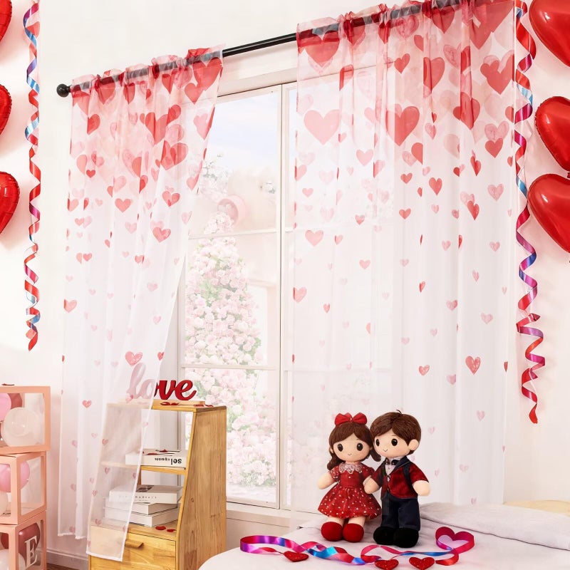 youleyar Valentine's Day Sheer Curtains 84 Inches Long, 2 Panels Lovers Red Heart Printed Pattern Curtain, Rod Pocket Drapes for Bedroom and Home Decor, 52" W x 84" L - Image 2