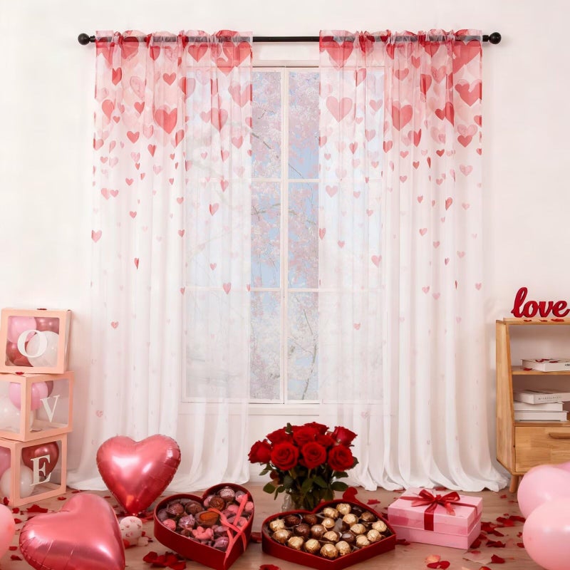 youleyar Valentine's Day Sheer Curtains 84 Inches Long, 2 Panels Lovers Red Heart Printed Pattern Curtain, Rod Pocket Drapes for Bedroom and Home Decor, 52" W x 84" L - Image 1