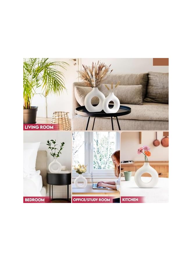 The Bros White Ceramic Vases, Set of 2 Matte Ceramic Flower Vases with Hollow Design for Home Decor, Nordic Farmhouse Vases Boho Vases Donut Vases for Wedding Centerpiece, Dinning Room, Coffee Table, Mantel... - Image 5