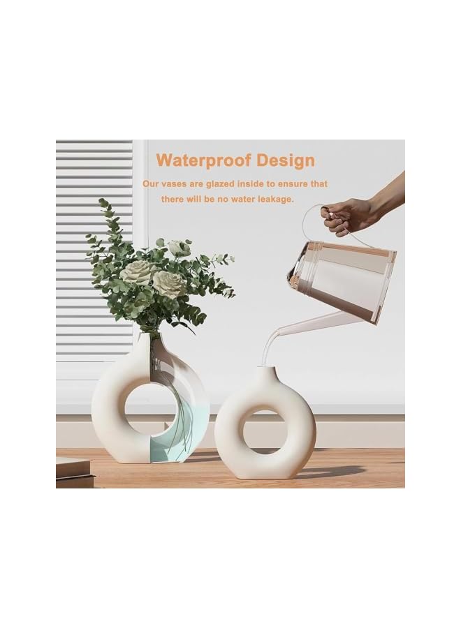 The Bros White Ceramic Vases, Set of 2 Matte Ceramic Flower Vases with Hollow Design for Home Decor, Nordic Farmhouse Vases Boho Vases Donut Vases for Wedding Centerpiece, Dinning Room, Coffee Table, Mantel... - Image 3