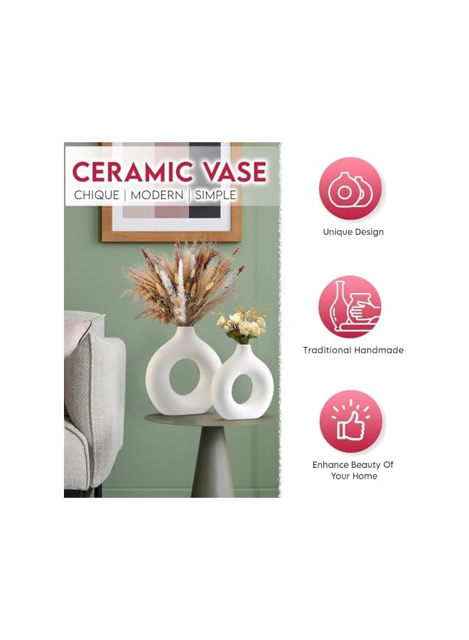 The Bros White Ceramic Vases, Set of 2 Matte Ceramic Flower Vases with Hollow Design for Home Decor, Nordic Farmhouse Vases Boho Vases Donut Vases for Wedding Centerpiece, Dinning Room, Coffee Table, Mantel... - Image 4