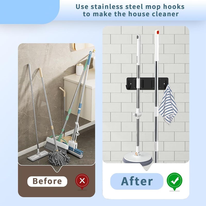 2PCS Wall Mounted Broom and Mop Holder - Heavy-Duty Stainless Steel Storage Rack with Hooks - Image 4