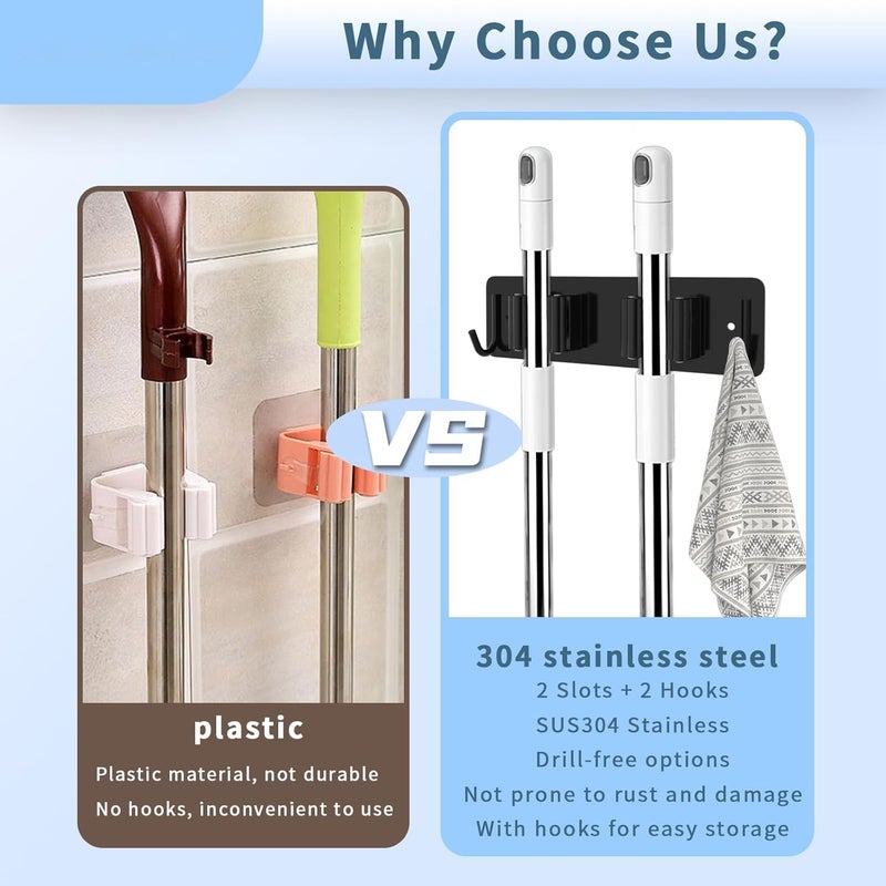 2PCS Wall Mounted Broom and Mop Holder - Heavy-Duty Stainless Steel Storage Rack with Hooks - Image 3