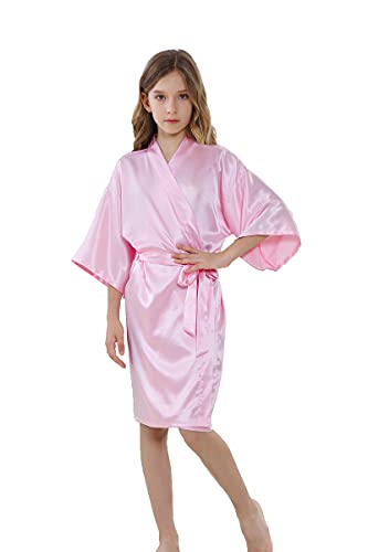 ALHAVONE Girl's Kid's Silky Satin Solid Color Short Kimono Robe for Wedding Birthday Party Spa (Pink, 10) - Image 1
