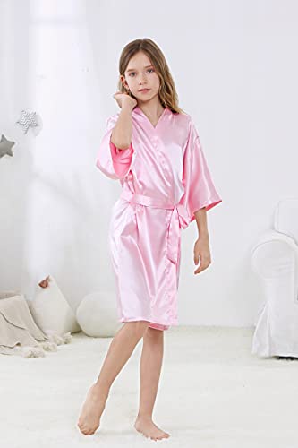 ALHAVONE Girl's Kid's Silky Satin Solid Color Short Kimono Robe for Wedding Birthday Party Spa (Pink, 10) - Image 2