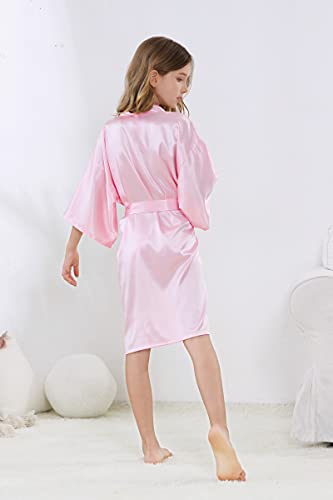 ALHAVONE Girl's Kid's Silky Satin Solid Color Short Kimono Robe for Wedding Birthday Party Spa (Pink, 10) - Image 4