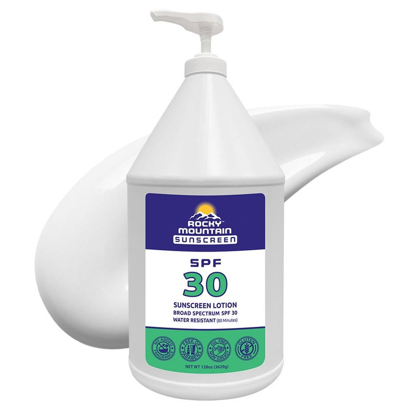 واقي شمس روكي ماونتن SPF 30 لوشن حماية واسعة الطيف من أشعة UVA/UVB هاواي 104 متوافق مع قانون الشعاب المرجانية خالي من الأوكسي بنزون و الأوكتي نوكات مقاوم للماء لمدة 80 دقيقة جالون مع مضخة 128 أونصة سائلة