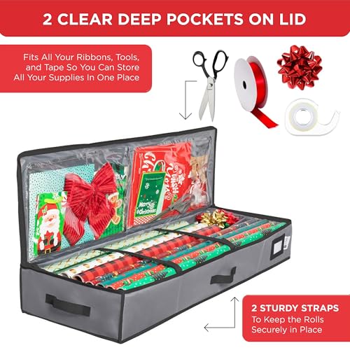 HOLDN’ STORAGE Premium Wrapping Paper Storage Container -Durable Material 600D tear-proof - Fits up to 27 Paper Rolls -Extra Pockets for Ribbons & Bows. Underbed Gift Wrap Organizer, Ideal for Holiday Christmas, etc - Image 4