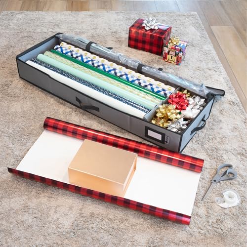 HOLDN’ STORAGE Premium Wrapping Paper Storage Container -Durable Material 600D tear-proof - Fits up to 27 Paper Rolls -Extra Pockets for Ribbons & Bows. Underbed Gift Wrap Organizer, Ideal for Holiday Christmas, etc - Image 2