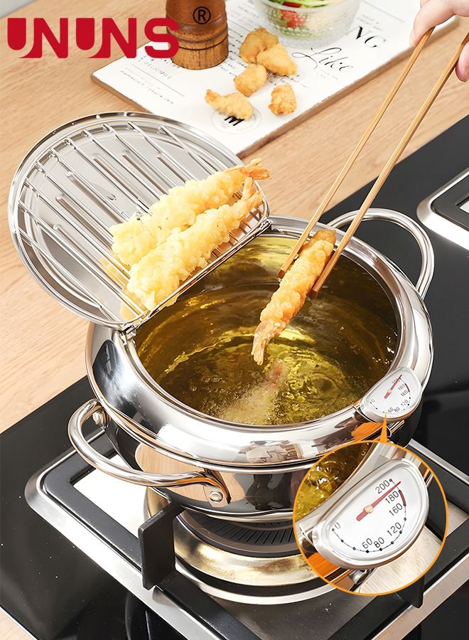 JINQII 2.2L Stainless Steel Deep Fryer Pot With Thermometer & Drain Rack - Induction Compatible Tempura Fryer