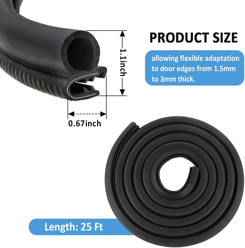 Salior Car Door Seal Strip,U-Shaped Automotive Weather Stripping Rubber Seal Strip with Metal Clips,Universal Push-in Car Door Edge Guards Fits Car Truck RV Boat Home(25Ft) - Image 2