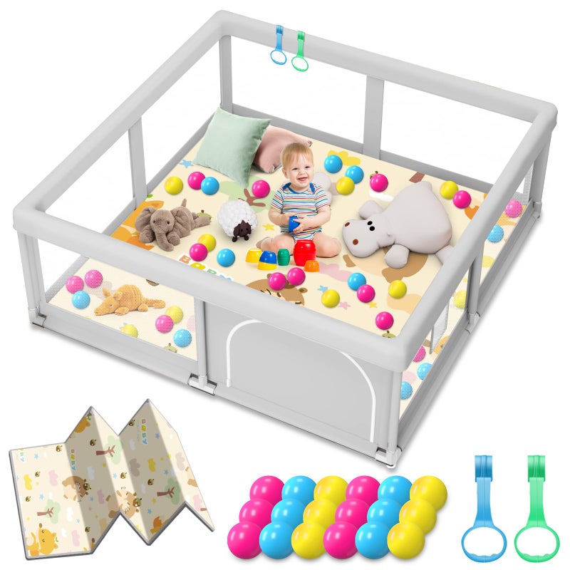 Jaobeem Baby Playpen with Mat, 50 x 50 inch, PlayPen for Babies and Toddlers, Sturdy Safety Play Pen with Soft Breathable Mesh (Ball and Pull Rings Included) - Image 1