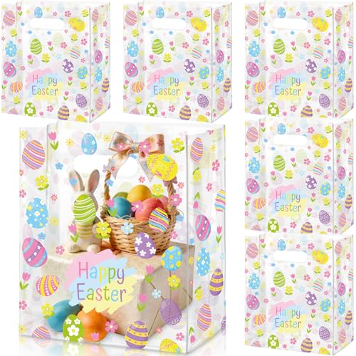 Tallew 50 Pcs Happy Easter Gift Bags Easter Egg Clear Plastic Bag with Die Cut Handles Treat Goodie Bag Holiday Party Gift Wrapping Pouch for Spring Small Business Merchandise Supplies 79 x 118 Inch - Image 1
