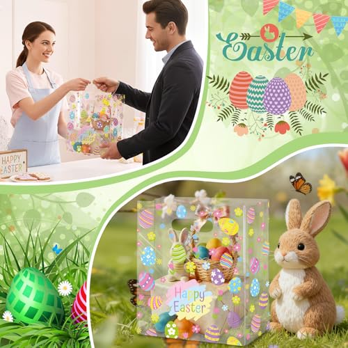 Tallew 50 Pcs Happy Easter Gift Bags Easter Egg Clear Plastic Bag with Die Cut Handles Treat Goodie Bag Holiday Party Gift Wrapping Pouch for Spring Small Business Merchandise Supplies 79 x 118 Inch - Image 3