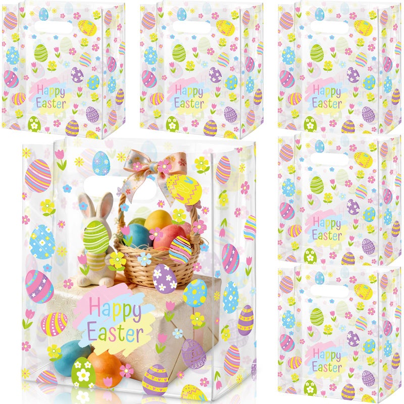 Tallew 50 Pcs Happy Easter Gift Bags Easter Egg Clear Plastic Bag with Die Cut Handles Treat Goodie Bag Holiday Party Gift Wrapping Pouch for Spring Small Business Merchandise Supplies 79 x 118 Inch - Image 2