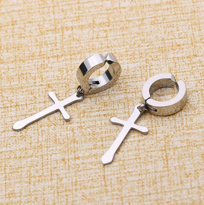 CCBFY Non-pierced Earrings Set for Men Women Cross Titanium Steel Hoop Dangle Clip On Earring - Image 4