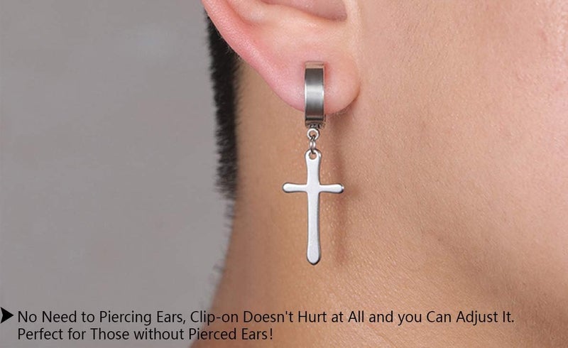CCBFY Non-pierced Earrings Set for Men Women Cross Titanium Steel Hoop Dangle Clip On Earring - Image 2